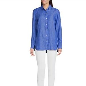 J MCLAUGHLIN Britt Linen Point Collar Long Sleeve Button Front Blouse blue Sz XL